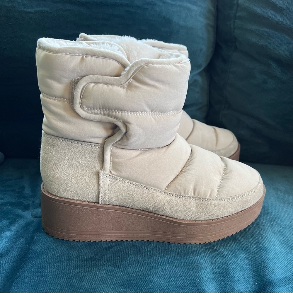 QUILTED PLATFORM NEUTRAL CREAM PUFFER SNOW BOOTS SHERPA LINED SIZE 8 NWOT - Picture 9 of 9